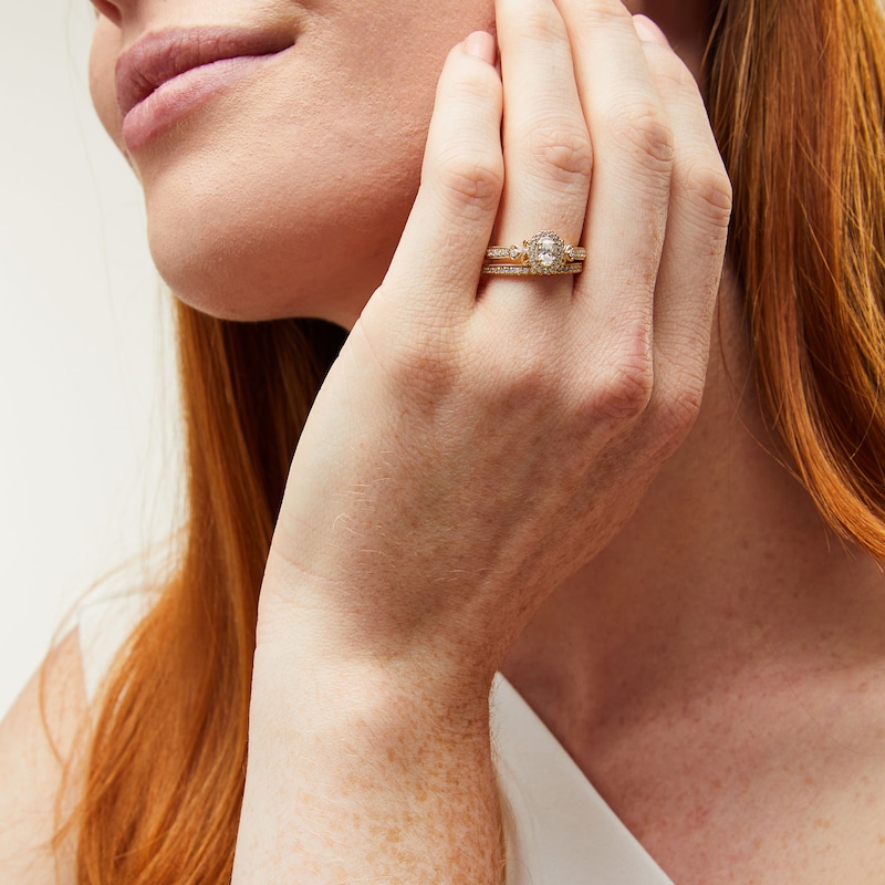 Main Image 2 of Perfect Fit 0.60 CT. T.W. Oval Certified Lab-Grown Diamond Heart-Sides Vintage-Style Bridal Set in 14K Gold (F/SI2)