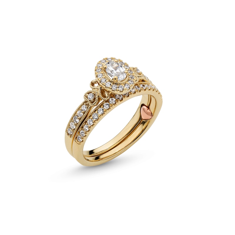 Main Image 3 of Perfect Fit 0.60 CT. T.W. Oval Certified Lab-Grown Diamond Heart-Sides Vintage-Style Bridal Set in 14K Gold (F/SI2)