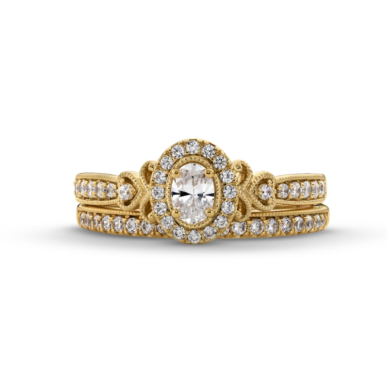 Main Image 4 of Perfect Fit 0.60 CT. T.W. Oval Certified Lab-Grown Diamond Heart-Sides Vintage-Style Bridal Set in 14K Gold (F/SI2)