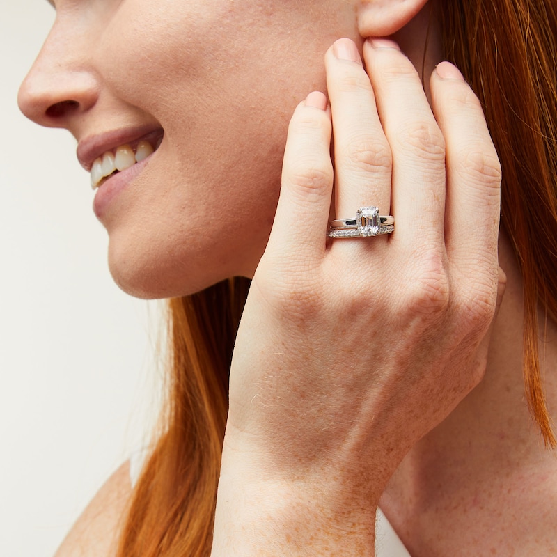 Main Image 2 of Perfect Fit 1.50 CT. T.W. Emerald-Cut Certified Lab-Grown Diamond Vintage-Style Bridal Set in 14K White Gold (F/SI2)