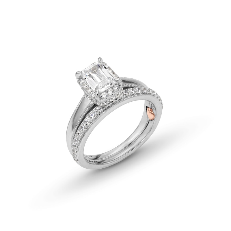 Main Image 3 of Perfect Fit 1.50 CT. T.W. Emerald-Cut Certified Lab-Grown Diamond Vintage-Style Bridal Set in 14K White Gold (F/SI2)