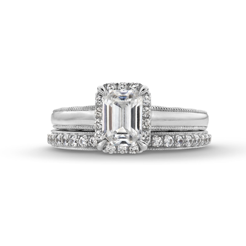Main Image 4 of Perfect Fit 1.50 CT. T.W. Emerald-Cut Certified Lab-Grown Diamond Vintage-Style Bridal Set in 14K White Gold (F/SI2)