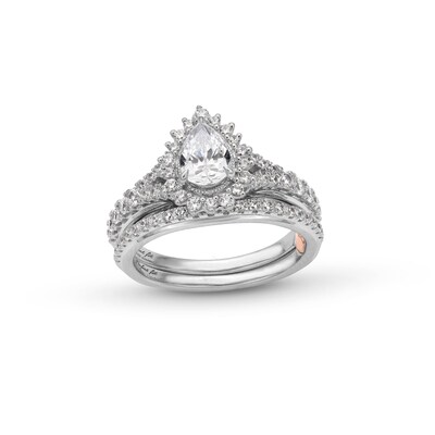 Perfect Fit 1.25 CT. T.W. Pear-Shaped Certified Lab-Created Diamond Sunburst Frame Bridal Set in 14K White Gold (F/SI2)