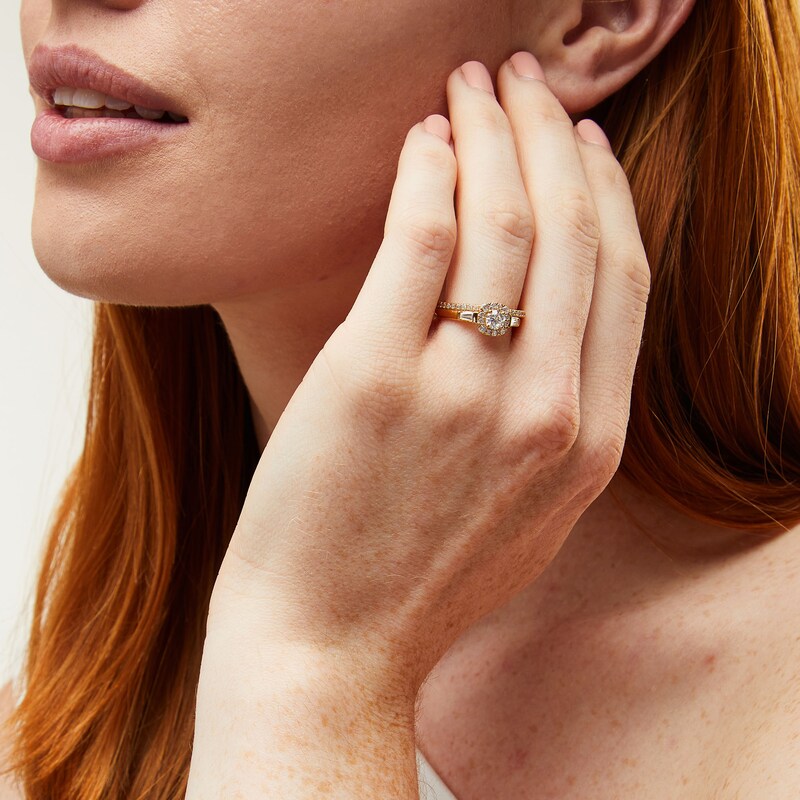 Main Image 2 of Perfect Fit 0.75 CT. T.W. Certified Lab-Grown Diamond Cushion-Shaped Frame Collar Bridal Set in 14K Gold (F/SI2)