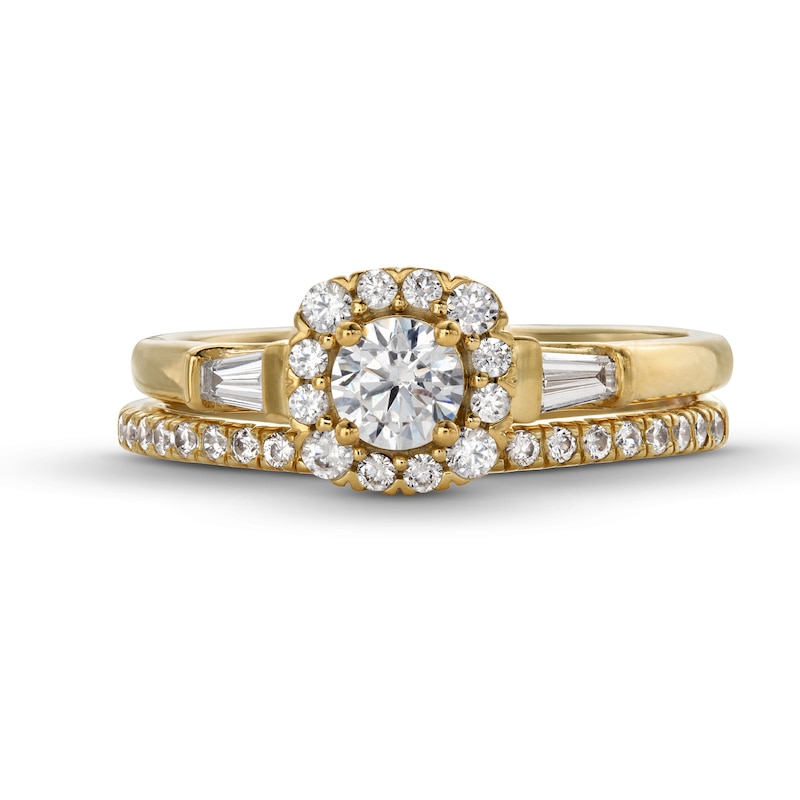 Main Image 4 of Perfect Fit 0.75 CT. T.W. Certified Lab-Grown Diamond Cushion-Shaped Frame Collar Bridal Set in 14K Gold (F/SI2)