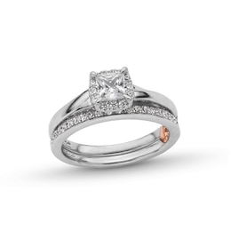 Perfect Fit 1.00 CT. T.W. Princess-Cut Certified Lab-Grown Diamond Cushion Frame Bridal Set in 14K White Gold (F/SI2)
