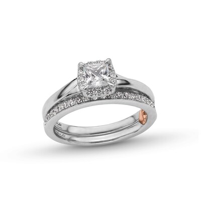 Perfect Fit 1.00 CT. T.W. Princess-Cut Certified Lab-Created Diamond Cushion Frame Bridal Set in 14K White Gold (F/SI2)