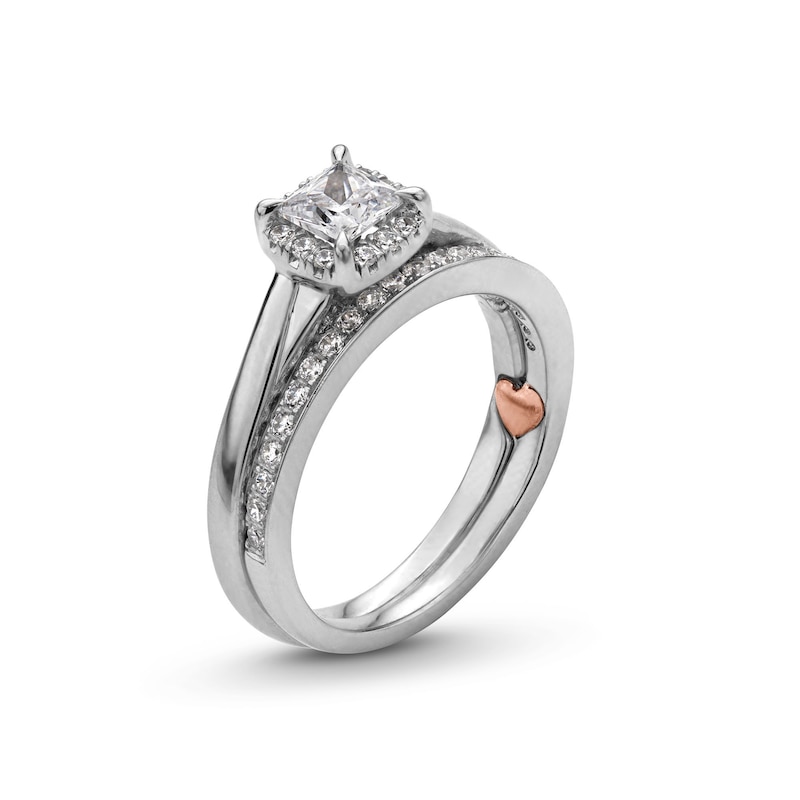 Main Image 3 of Perfect Fit 1.00 CT. T.W. Princess-Cut Certified Lab-Grown Diamond Cushion Frame Bridal Set in 14K White Gold (F/SI2)
