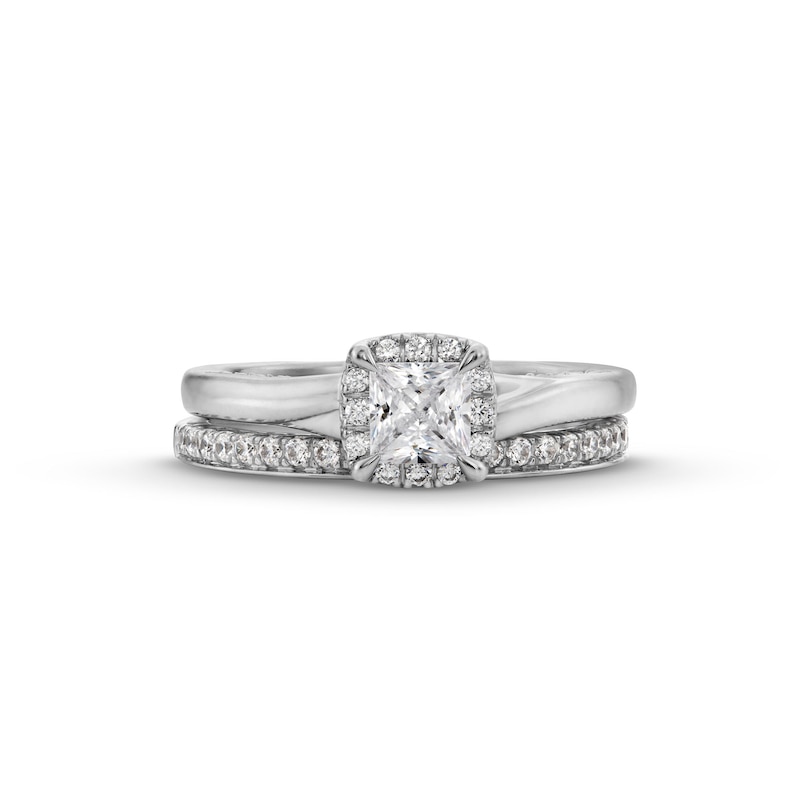 Main Image 4 of Perfect Fit 1.00 CT. T.W. Princess-Cut Certified Lab-Grown Diamond Cushion Frame Bridal Set in 14K White Gold (F/SI2)