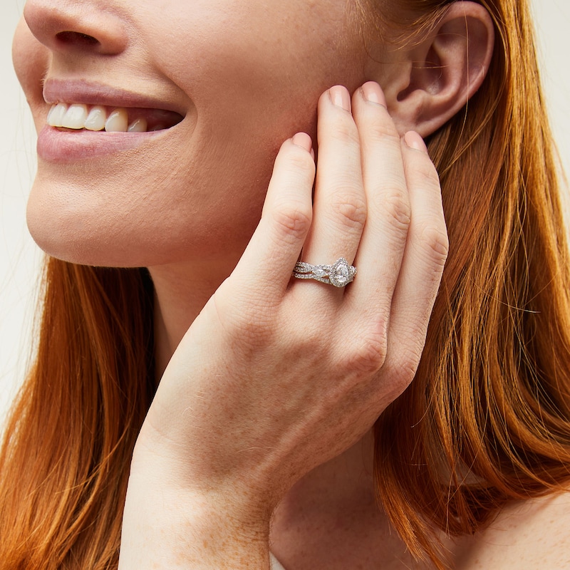 Main Image 2 of Perfect Fit 1.00 CT. T.W. Pear-Shaped Certified Lab-Grown Diamond Twist Shank Bridal Set in 14K White Gold (F/SI2)