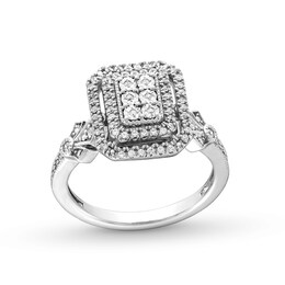0.18 CT. T.W. Emerald-Shaped Multi-Diamond Double Frame Vintage-Style Promise Ring in Sterling Silver