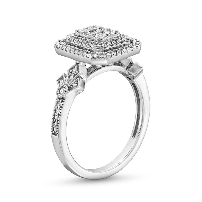 Main Image 3 of 0.18 CT. T.W. Emerald-Shaped Multi-Diamond Double Frame Vintage-Style Promise Ring in Sterling Silver