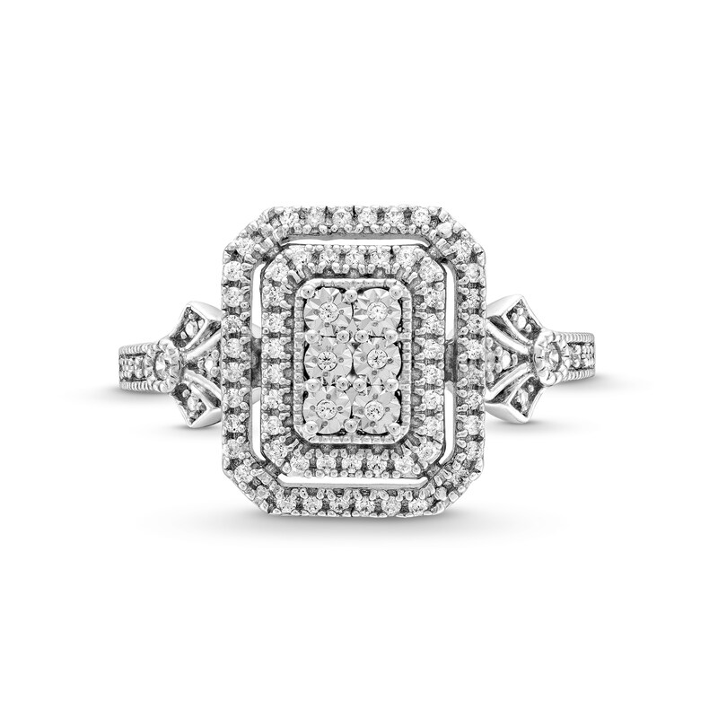 Main Image 4 of 0.18 CT. T.W. Emerald-Shaped Multi-Diamond Double Frame Vintage-Style Promise Ring in Sterling Silver