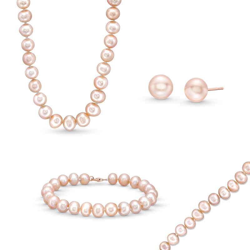 Main Image 7 of EFFY™ Collection Pink Freshwater Cultured Pearl Necklace, Bracelet and Stud Earrings Set with 14K Rose Gold Clasp