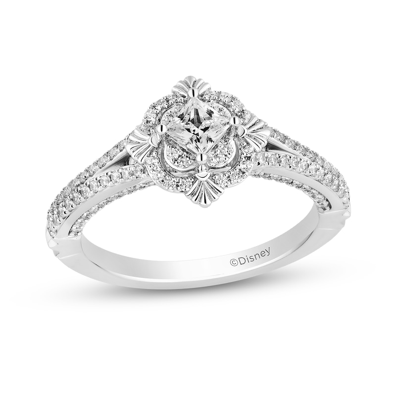 Enchanted Disney Ariel 0.69 CT. T.W. Princess-Cut Diamond Scallop Frame Split Shank Engagement Ring in 14K White Gold