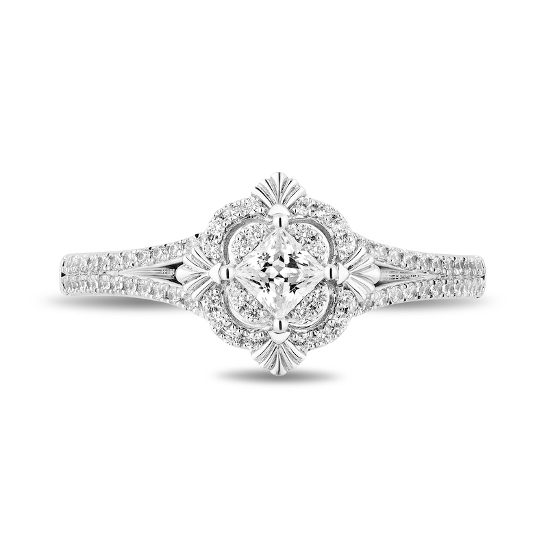 Main Image 4 of Enchanted Disney Ariel 0.69 CT. T.W. Princess-Cut Diamond Scallop Frame Split Shank Engagement Ring in 14K White Gold