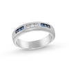 Thumbnail Image 1 of Blue Sapphire and 0.10 CT. T.W. Diamond Trios Bevelled Edge Anniversary Band in 10K White Gold