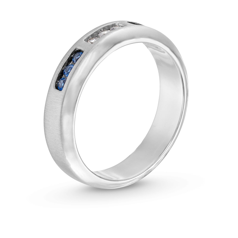 Main Image 3 of Blue Sapphire and 0.10 CT. T.W. Diamond Trios Bevelled Edge Anniversary Band in 10K White Gold