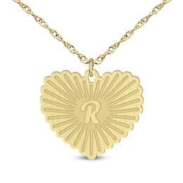 Brushed Engravable Initial Sunburst Scallop Edge Heart Pendant (1 Initial)