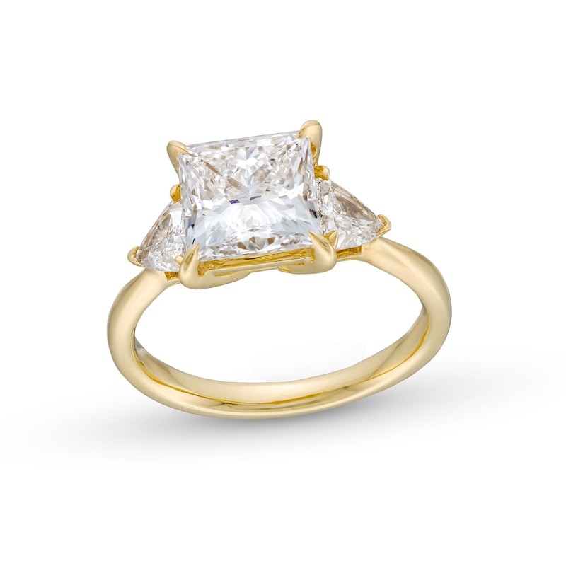 Main Image 1 of 3.50 CT. T.W. Princess and Trillion-Cut Certified Lab-Grown Diamond Three Stone Engagement Ring in 14K Gold (F/VS2)
