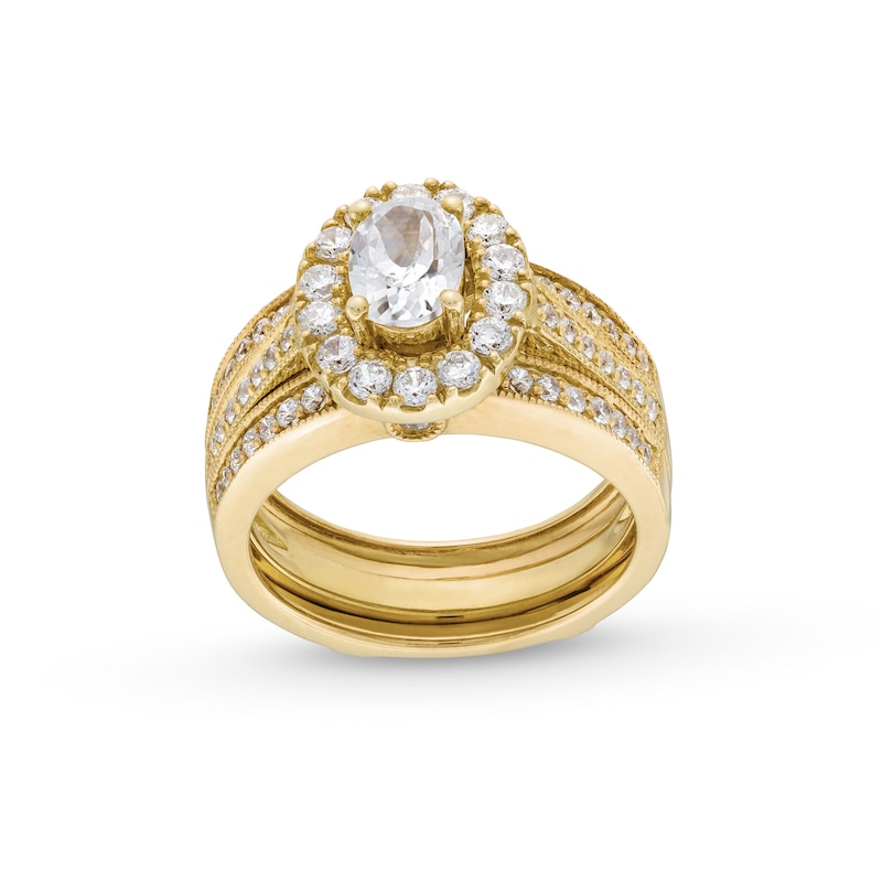 2.00 CT. T.W. Oval Certified Lab-Grown Diamond Frame Vintage-Style Bridal Set in 14K Gold (F/VS2)