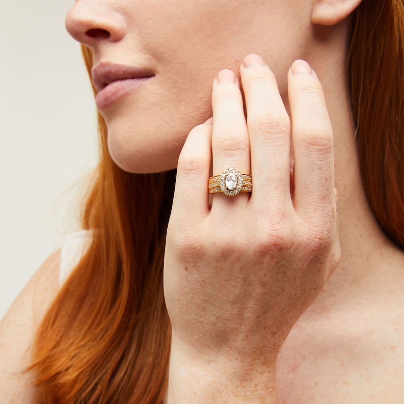 Main Image 2 of 2.00 CT. T.W. Oval Certified Lab-Grown Diamond Frame Vintage-Style Bridal Set in 14K Gold (F/VS2)