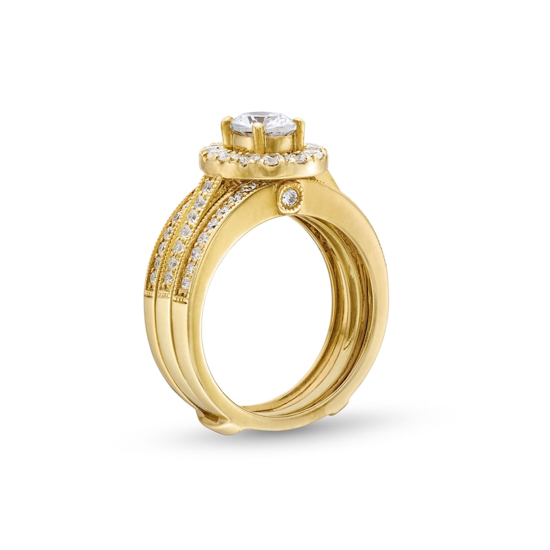 Main Image 3 of 2.00 CT. T.W. Oval Certified Lab-Grown Diamond Frame Vintage-Style Bridal Set in 14K Gold (F/VS2)