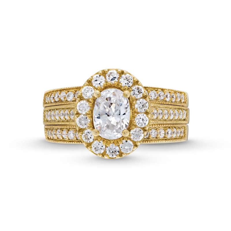 Main Image 4 of 2.00 CT. T.W. Oval Certified Lab-Grown Diamond Frame Vintage-Style Bridal Set in 14K Gold (F/VS2)
