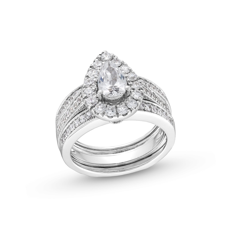 2.00 CT. T.W. Pear-Shaped Certified Lab-Created Diamond Frame Vintage-Style Bridal Set in 14K White Gold (F/VS2)|Peoples Jewellers