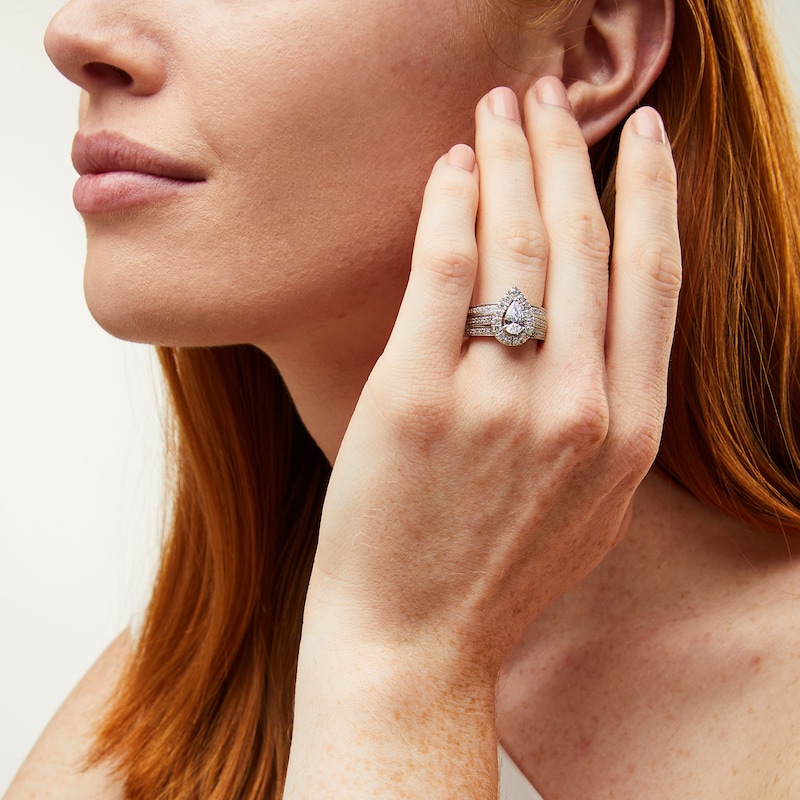 Main Image 2 of 2.00 CT. T.W. Pear-Shaped Certified Lab-Grown Diamond Frame Vintage-Style Bridal Set in 14K White Gold (F/VS2)