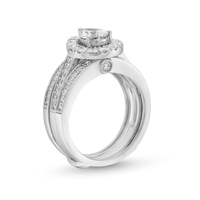 Main Image 3 of 2.00 CT. T.W. Pear-Shaped Certified Lab-Grown Diamond Frame Vintage-Style Bridal Set in 14K White Gold (F/VS2)