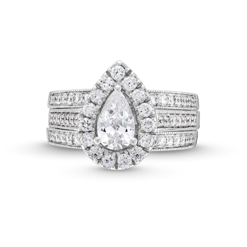 Main Image 4 of 2.00 CT. T.W. Pear-Shaped Certified Lab-Grown Diamond Frame Vintage-Style Bridal Set in 14K White Gold (F/VS2)