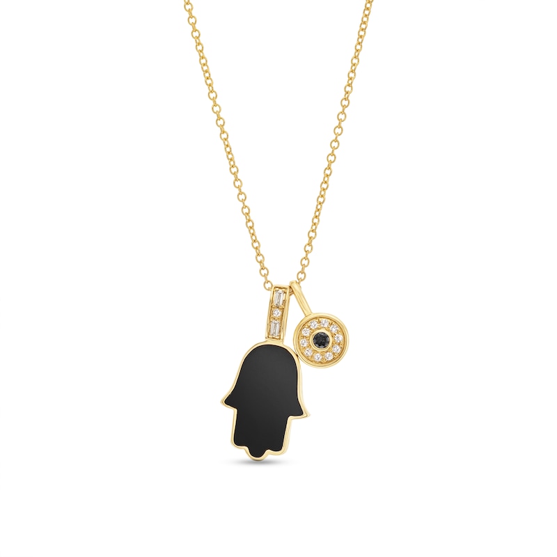 Main Image 1 of EFFY™ Collection Onyx and 0.085 CT. T.W. Diamond Hamsa and Evil Eye Double Charm Pendant in 14K Gold