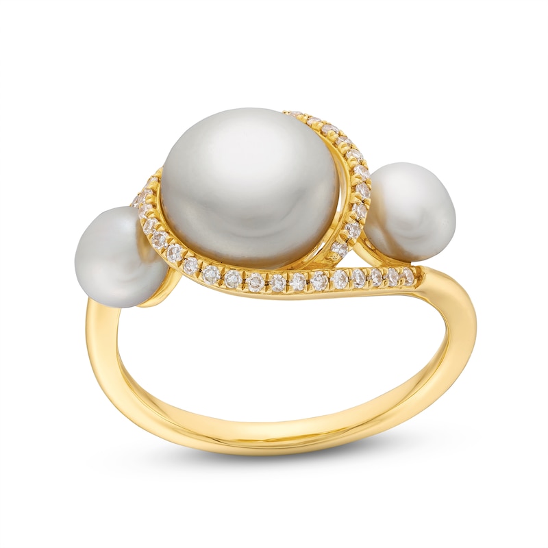 Main Image 1 of Freshwater Cultured Pearl and 0.145 CT. T.W. Diamond Swirl Bypass Frame Three Stone Ring in 10K Gold