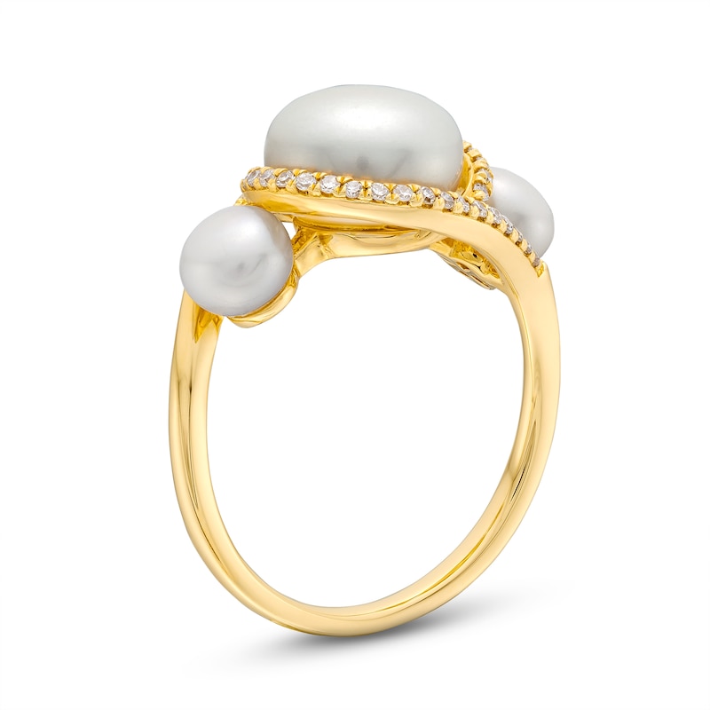 Main Image 3 of Freshwater Cultured Pearl and 0.145 CT. T.W. Diamond Swirl Bypass Frame Three Stone Ring in 10K Gold