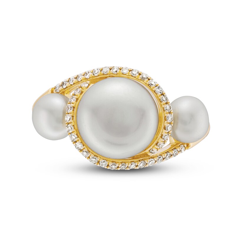 Main Image 4 of Freshwater Cultured Pearl and 0.145 CT. T.W. Diamond Swirl Bypass Frame Three Stone Ring in 10K Gold