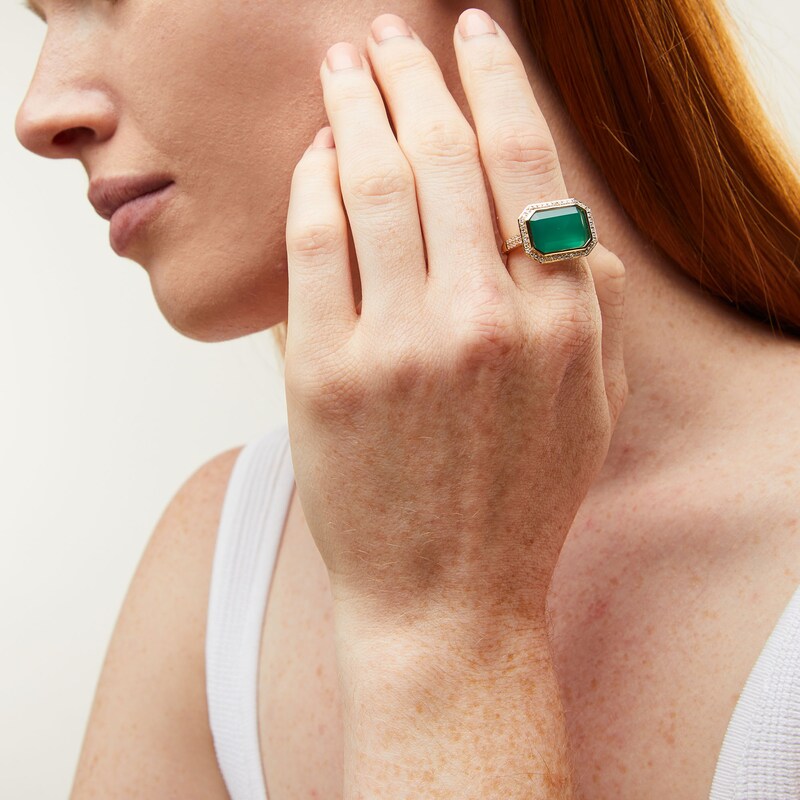 Main Image 2 of EFFY™ Collection Sideways Emerald-Cut Green Onyx and 0.29 CT. T.W. Diamond Frame Ring in 14K Gold