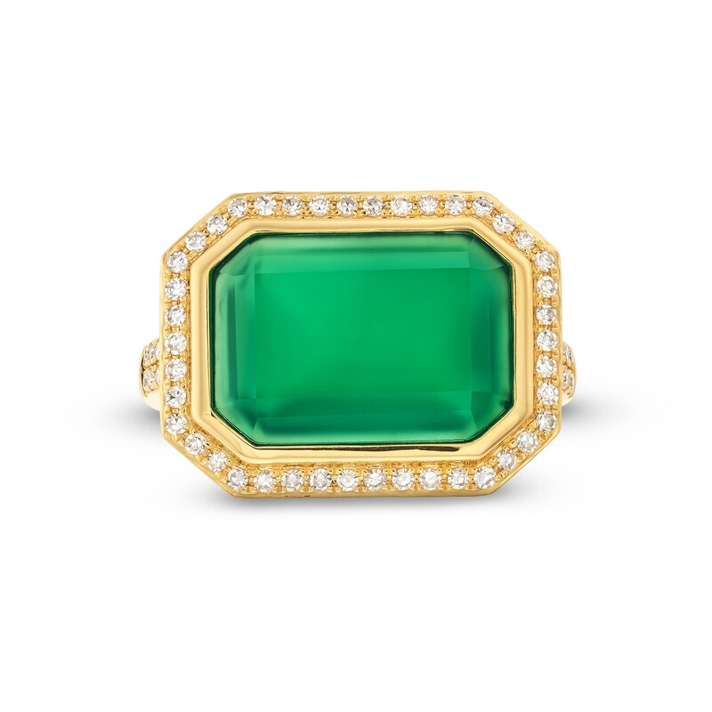 Main Image 4 of EFFY™ Collection Sideways Emerald-Cut Green Onyx and 0.29 CT. T.W. Diamond Frame Ring in 14K Gold