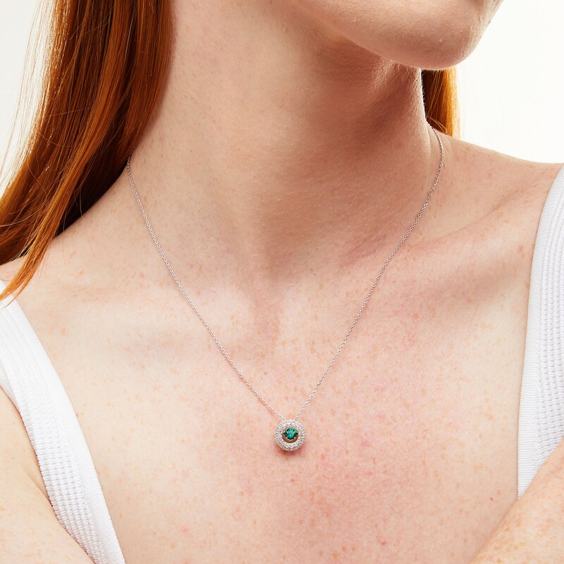 Main Image 2 of Unstoppable Love™ 4.5mm Lab-Created Emerald and White Lab-Created Sapphire Double Frame Pendant in Sterling Silver
