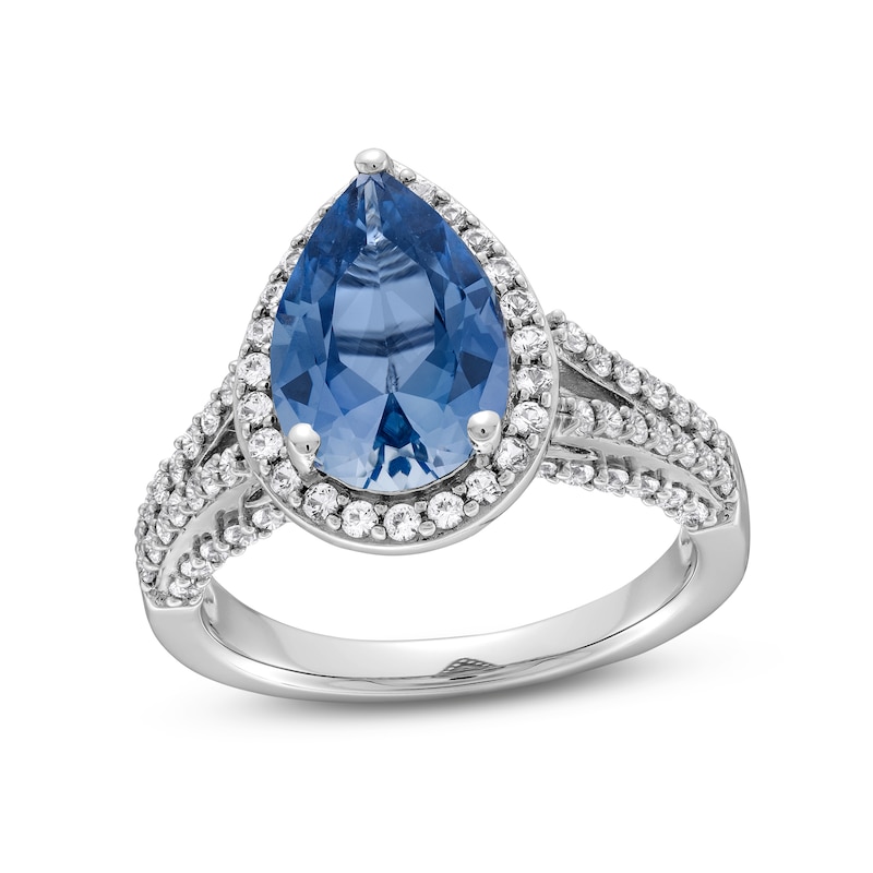 Pear-Shaped Blue and White Lab-Created Sapphire Frame Split Shank Ring in Sterling Silver|Peoples Jewellers