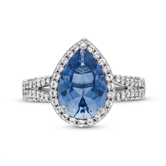 Pear-Shaped Blue and White Lab-Created Sapphire Frame Split Shank Ring in Sterling Silver