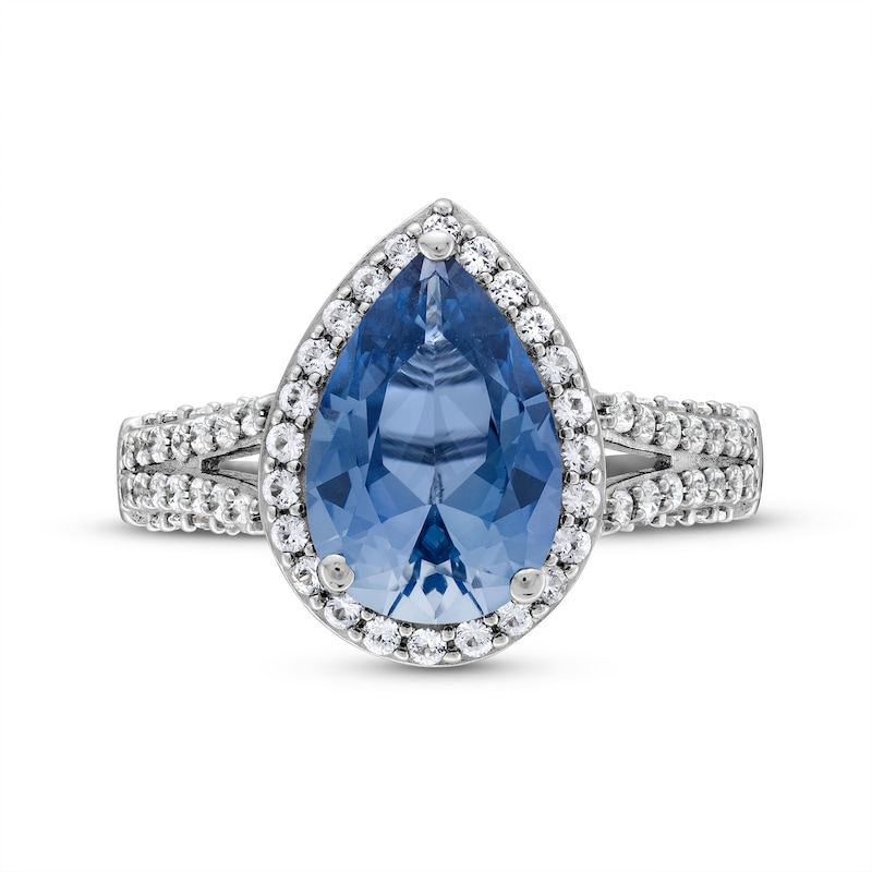 Pear-Shaped Blue and White Lab-Created Sapphire Frame Split Shank Ring in Sterling Silver|Peoples Jewellers