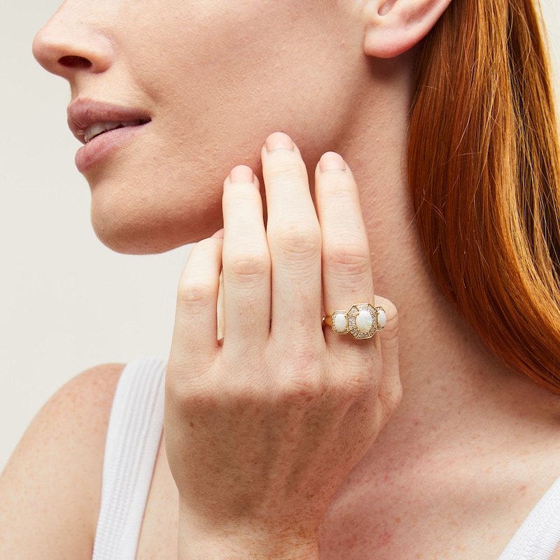 Main Image 2 of EFFY™ Collection Oval Opal and 0.37 CT. T.W. Diamond Octagon Frame Three Stone Ring in 14K Gold