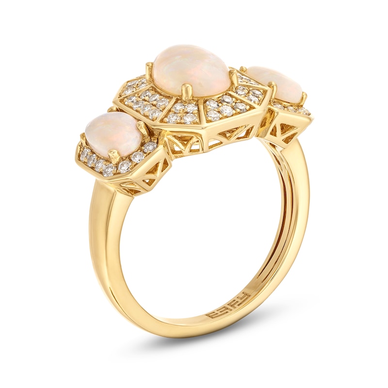 Main Image 3 of EFFY™ Collection Oval Opal and 0.37 CT. T.W. Diamond Octagon Frame Three Stone Ring in 14K Gold