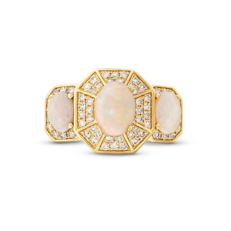 Main Image 4 of EFFY™ Collection Oval Opal and 0.37 CT. T.W. Diamond Octagon Frame Three Stone Ring in 14K Gold