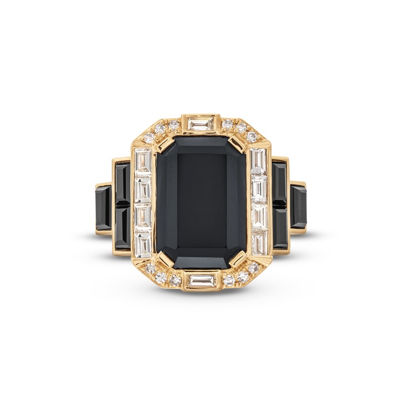 Main Image 4 of EFFY™ Collection Emerald-Cut Onyx and 0.37 CT. T.W. Diamond Frame Tri-Sides Collar Ring in 14K Gold