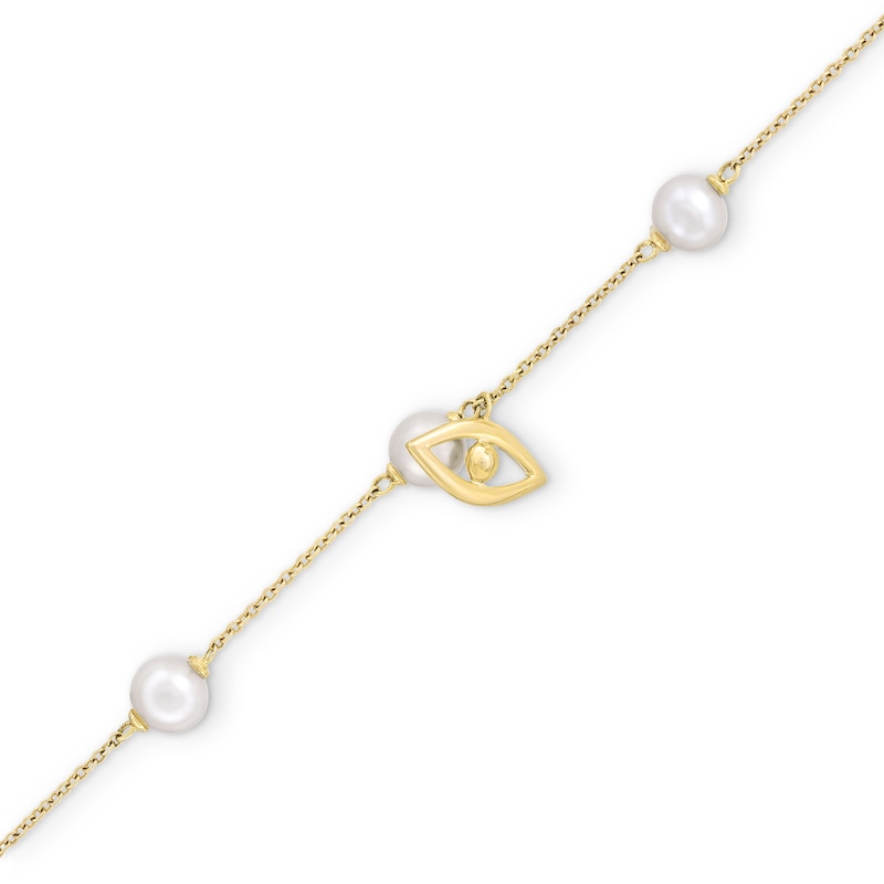Main Image 1 of 5.0mm Freshwater Cultured Pearl with Evil Eye Station Chain Bracelet in 10K Gold-7.5"