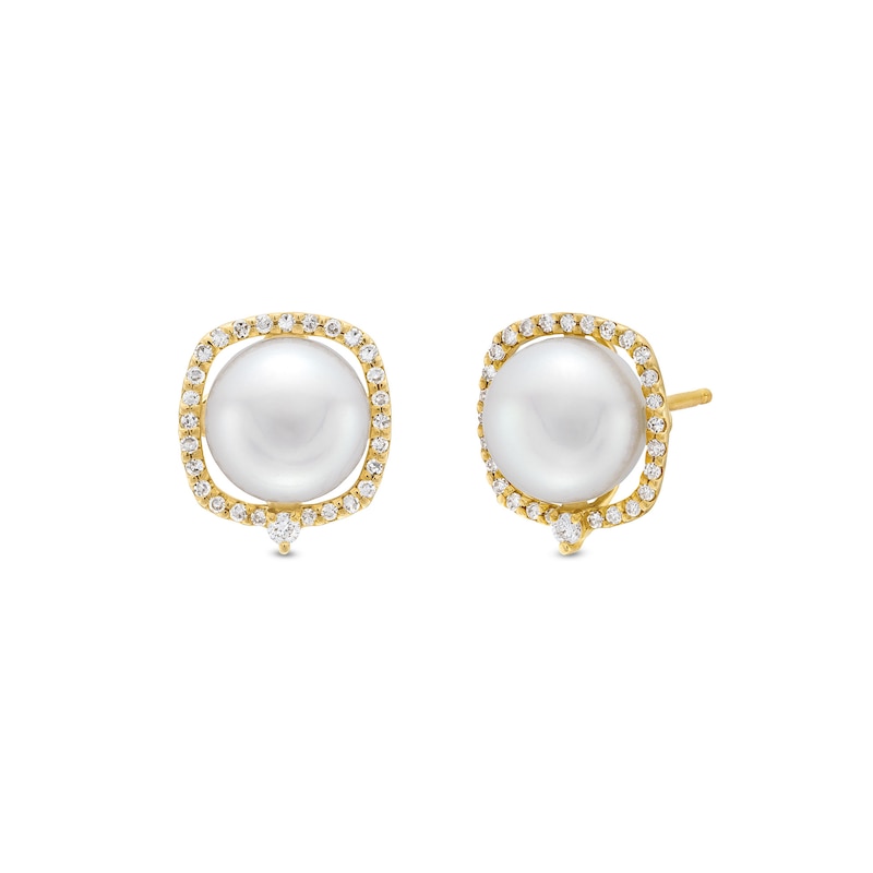 Main Image 1 of Freshwater Cultured Pearl and 0.145 CT. T.W. Diamond Cushion-Shaped Frame Stud Earrings in 10K Gold