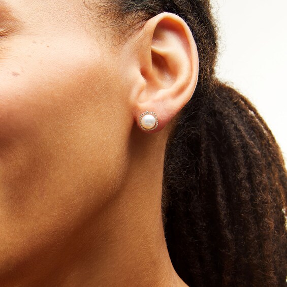 Freshwater Cultured Pearl and 0.145 CT. T.W. Diamond Cushion-Shaped Frame Stud Earrings in 10K Gold