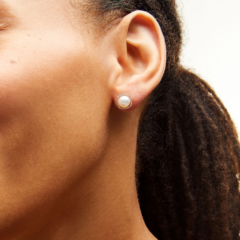 Main Image 2 of Freshwater Cultured Pearl and 0.145 CT. T.W. Diamond Cushion-Shaped Frame Stud Earrings in 10K Gold